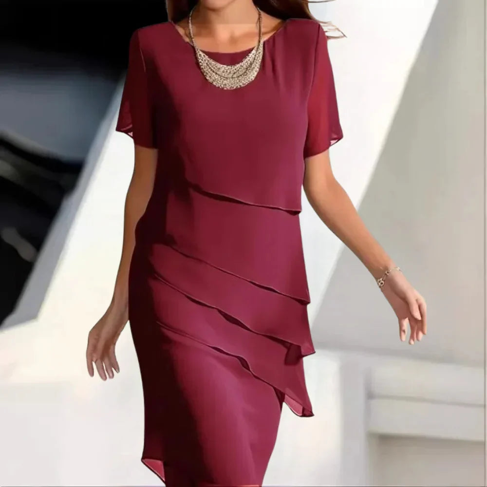Ursula Women's Midi Dress – Sophisticated Chiffon Dress with Tiered Design and Refined Details