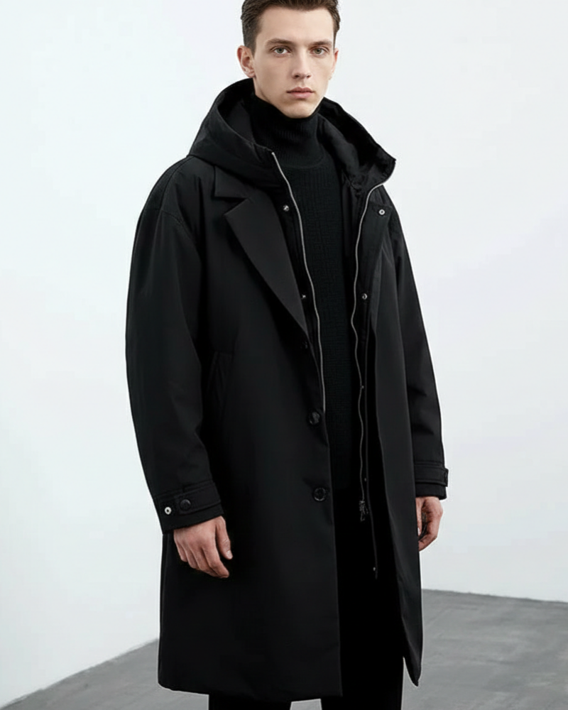 Zephyr Men's Long Waterproof Trench Coat – Quilted Lining, Hood & Winter Warmth