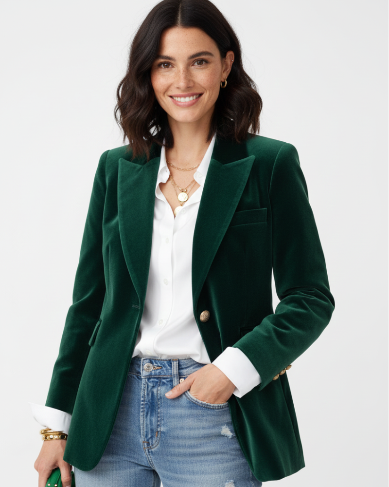 Hollis Velvet Blazer for Women – Chic Green Jacket with Gold Buttons & Sophisticated Fit