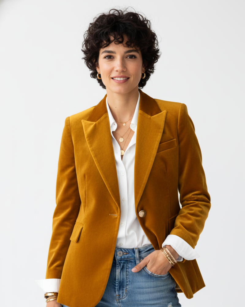 Hollis Velvet Blazer for Women – Chic Green Jacket with Gold Buttons & Sophisticated Fit