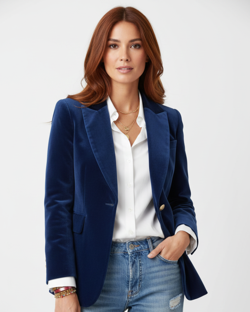 Hollis Velvet Blazer for Women – Chic Green Jacket with Gold Buttons & Sophisticated Fit