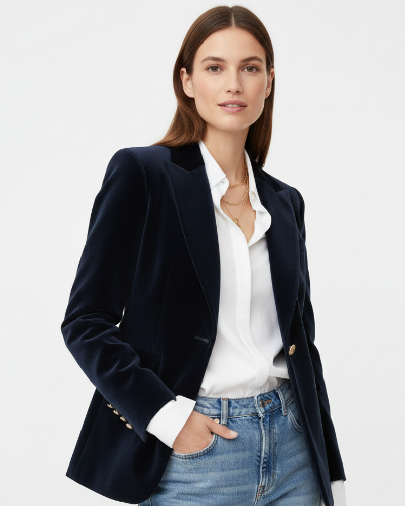 Hollis Velvet Blazer for Women – Chic Green Jacket with Gold Buttons & Sophisticated Fit