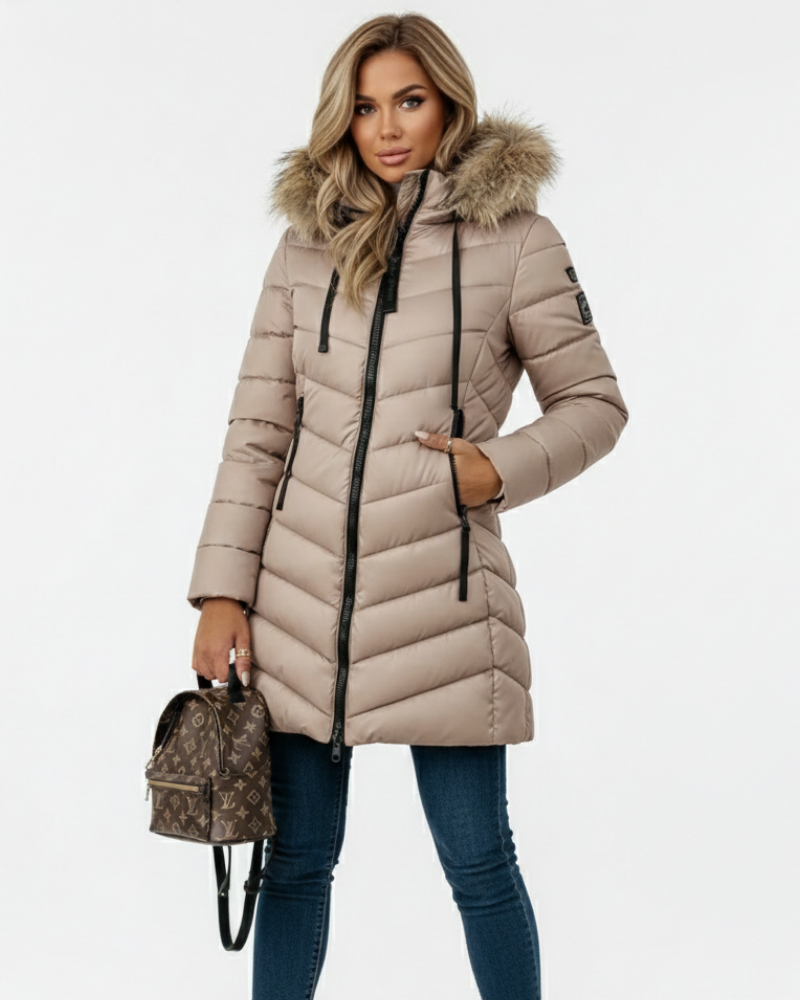 Weston Women's With Hood Puffer Jacket – Chevron Quilting & Faux Fur Collar