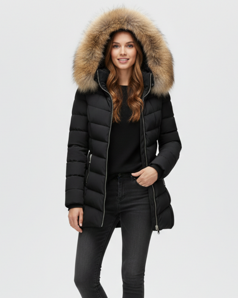 Weston Women's With Hood Puffer Jacket – Chevron Quilting & Faux Fur Collar