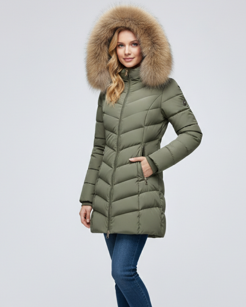Weston Women's With Hood Puffer Jacket – Chevron Quilting & Faux Fur Collar