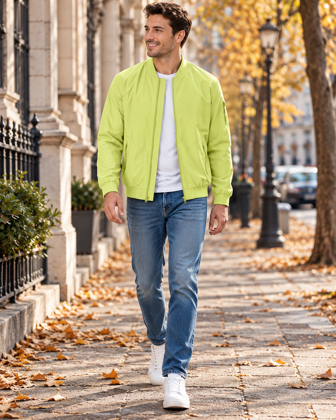 Renzo Men's Full-Zip Wind-Resistant Bomber Jacket with Sleeve Pocket and Ribbed Edges