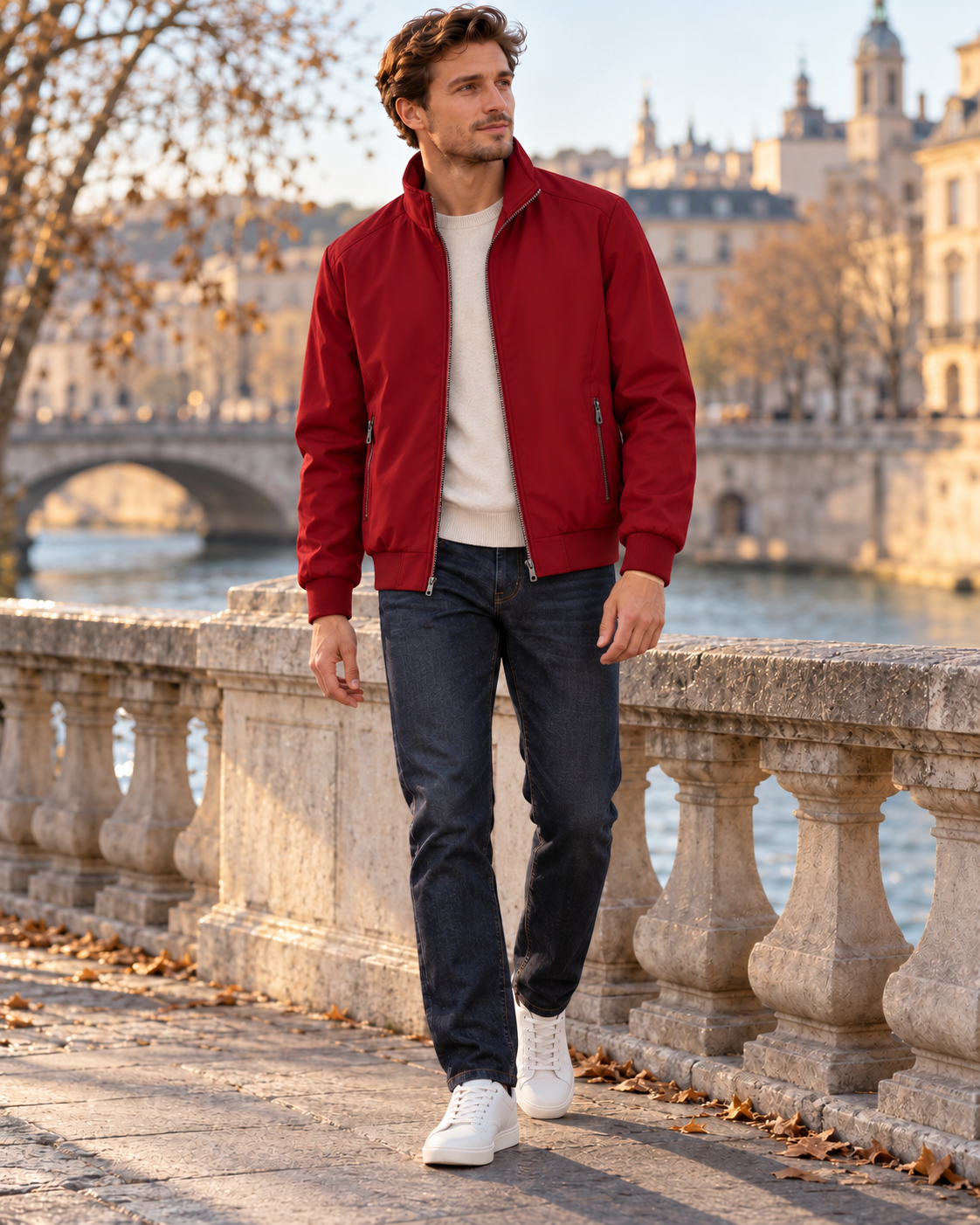 Marco Men's Casual Lightweight Bomber with Zip Front, Stand Collar and Ribbed Knit Trim