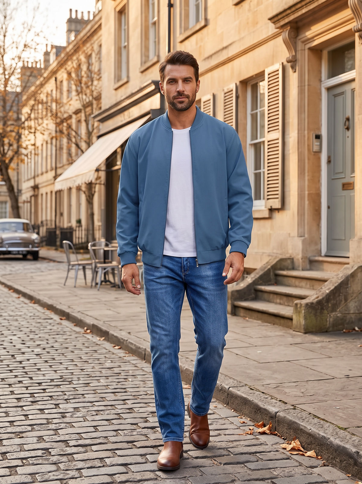 Vela Men's Linen Bomber Jacket – Full-Length Zipper, Ribbed Detailing & Side Slip Pockets