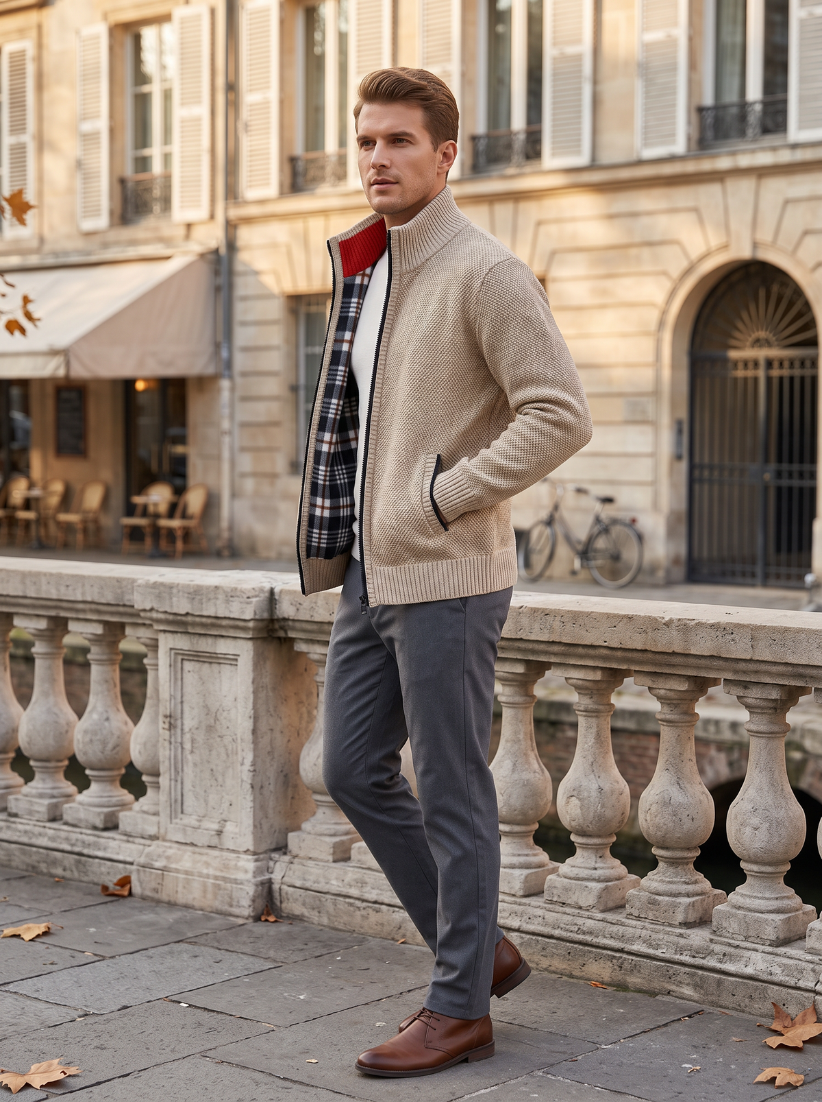 Jaxon Men's Knit Jacket – Plaid Fleece-Lined Interior, Mandarin Collar & Zip-Up Front