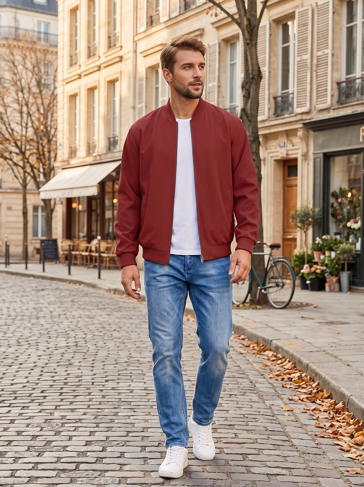 Vela Men's Linen Bomber Jacket – Full-Length Zipper, Ribbed Detailing & Side Slip Pockets
