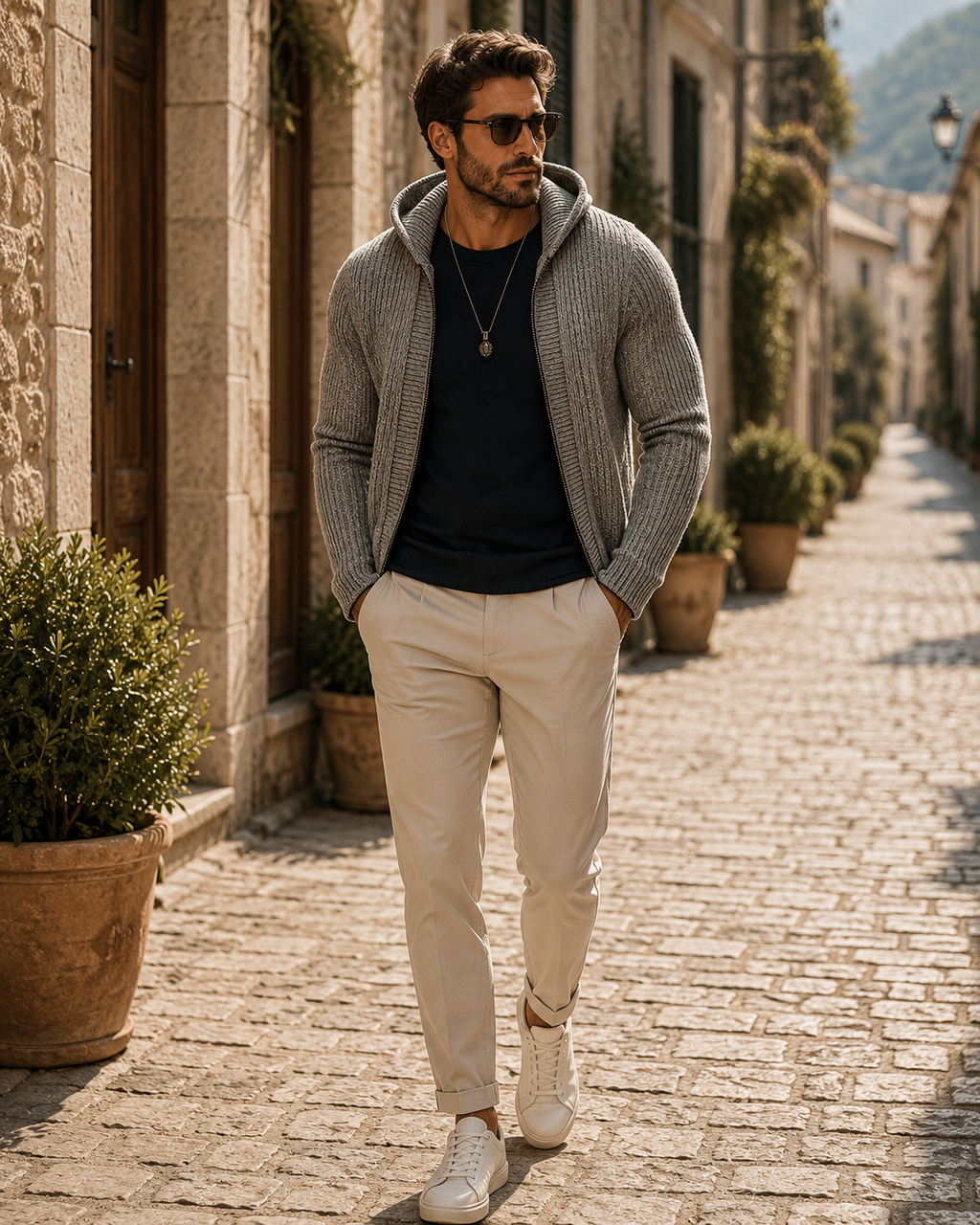 Pell Men's With Hood Knit Cardigan – Tailored Fit, Zip-Up Front & Solid Colour