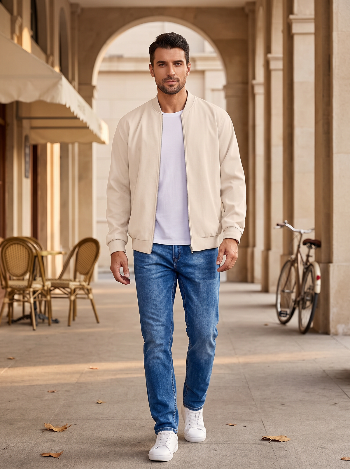 Vela Men's Linen Bomber Jacket – Full-Length Zipper, Ribbed Detailing & Side Slip Pockets