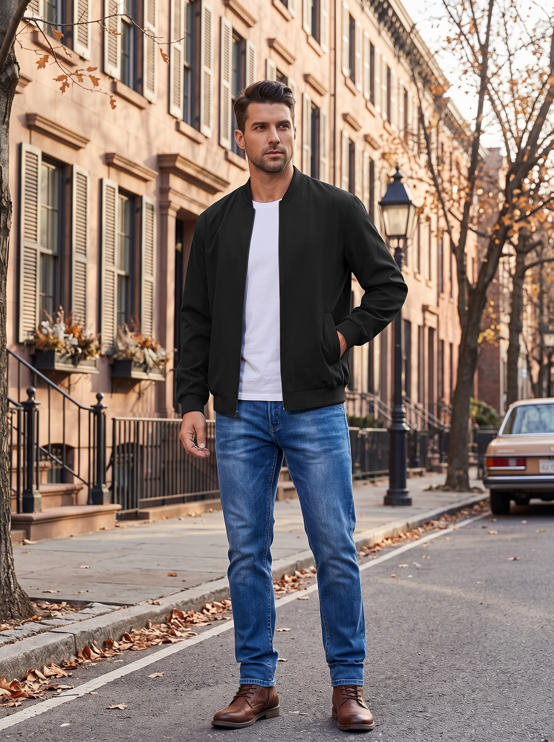 Vela Men's Linen Bomber Jacket – Full-Length Zipper, Ribbed Detailing & Side Slip Pockets