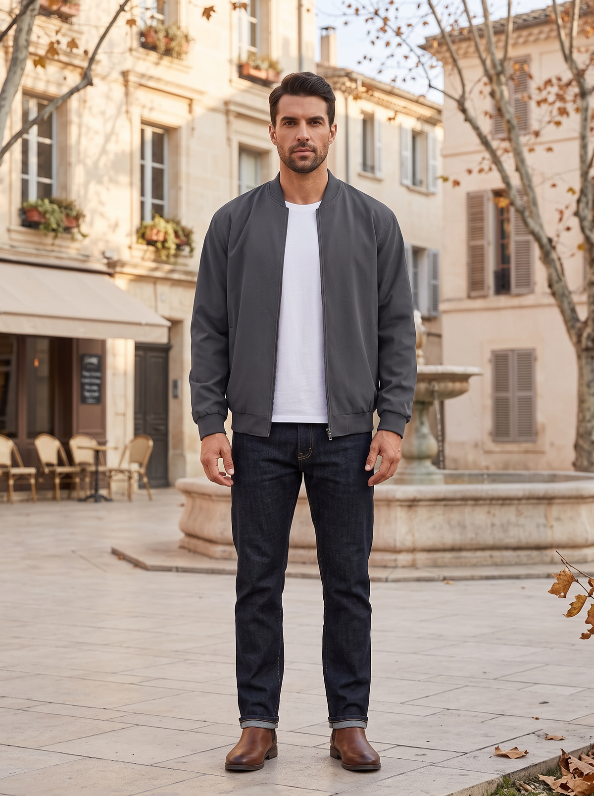 Vela Men's Linen Bomber Jacket – Full-Length Zipper, Ribbed Detailing & Side Slip Pockets