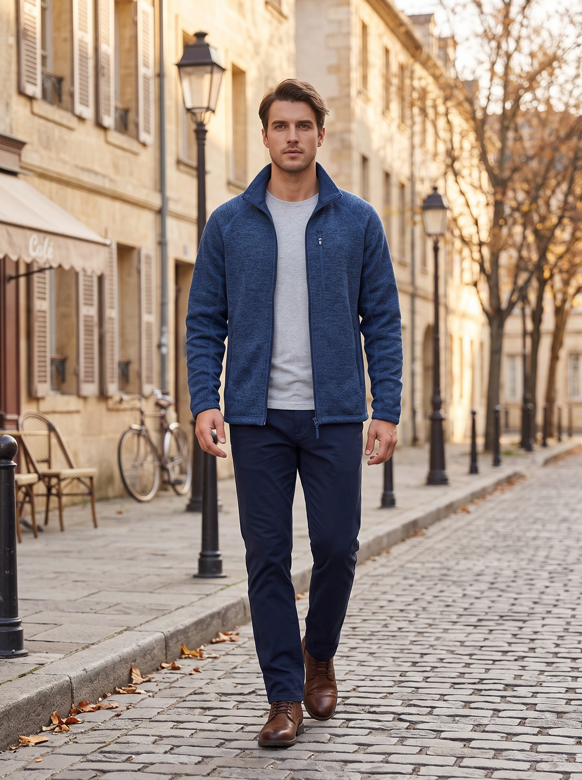 Zephyrine Men's Fleece Jacket – Mandarin Collar, Zippered Pockets & Stretchy Material