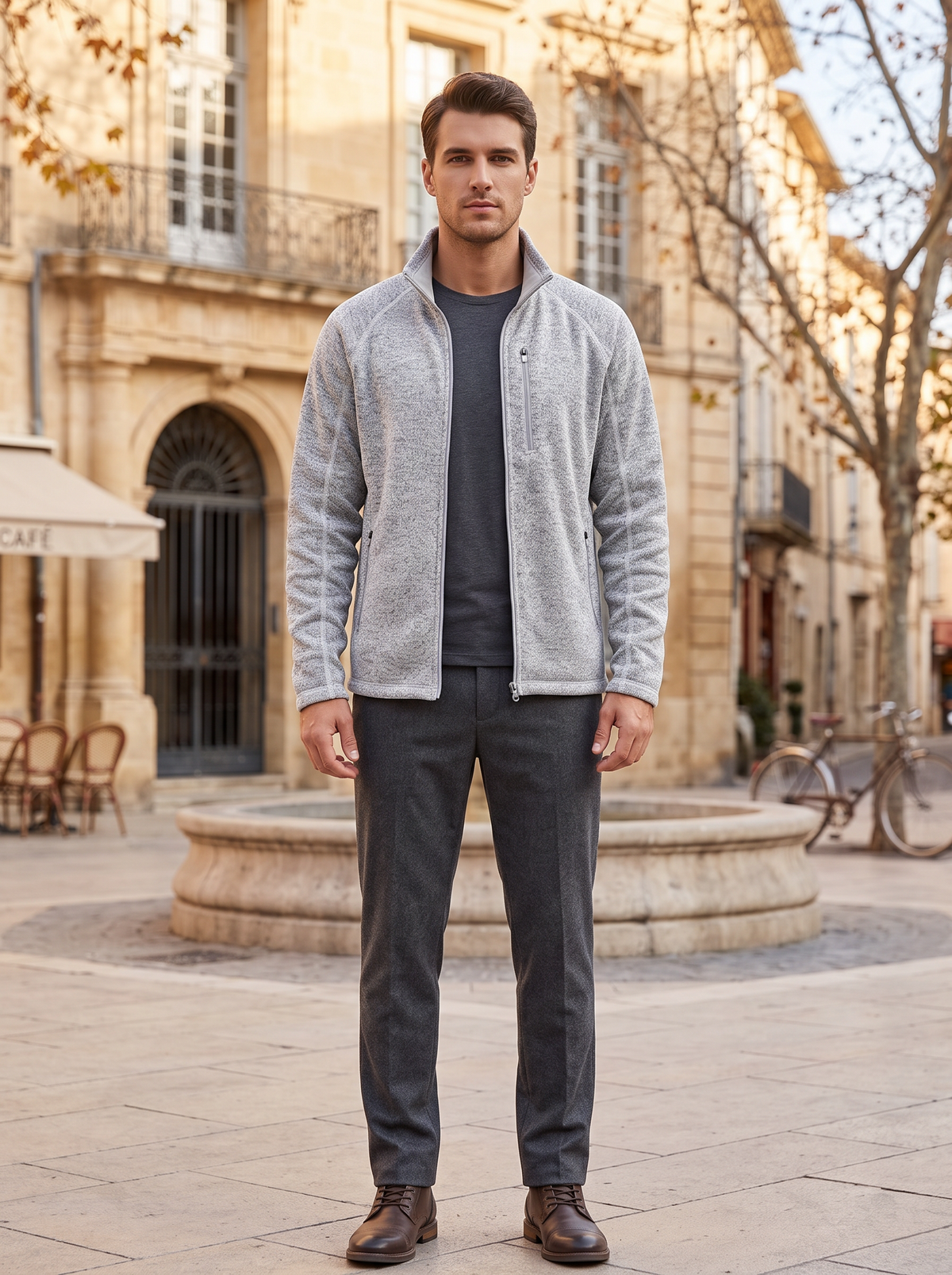 Zephyrine Men's Fleece Jacket – Mandarin Collar, Zippered Pockets & Stretchy Material
