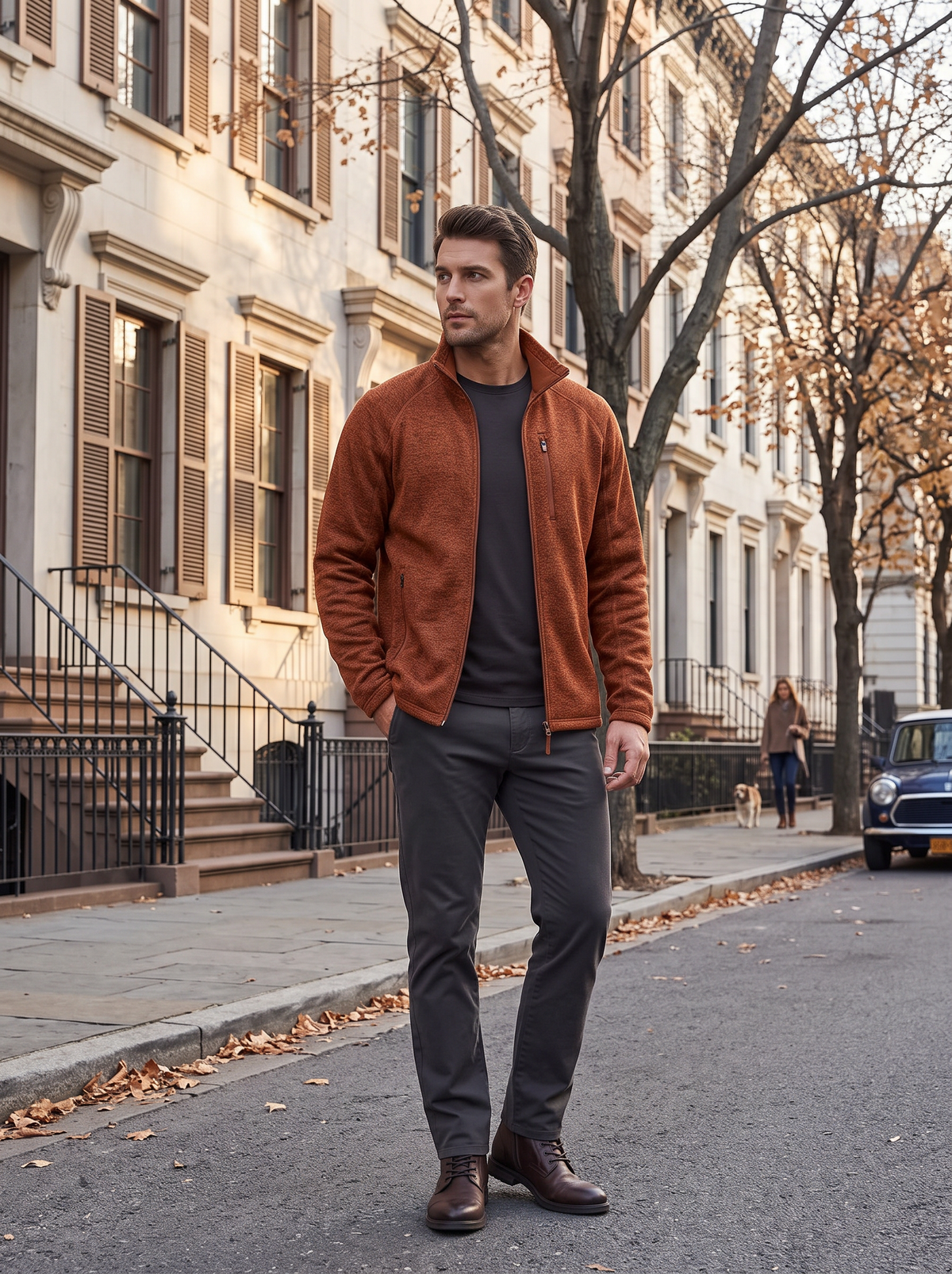 Zephyrine Men's Fleece Jacket – Mandarin Collar, Zippered Pockets & Stretchy Material
