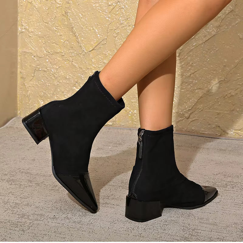 Orianna Ankle Boots for Women – Refined Suede Boots with Patent Accents & Comfy Block Heel
