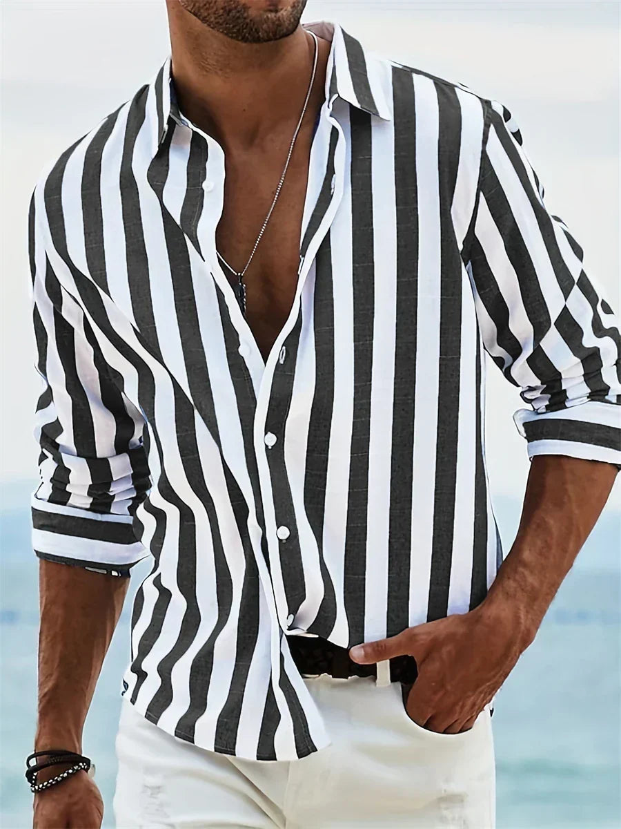 Wystan Men's Summer Shirt – Light Blue Striped Cotton-Linen Blend with Comfortable Fit
