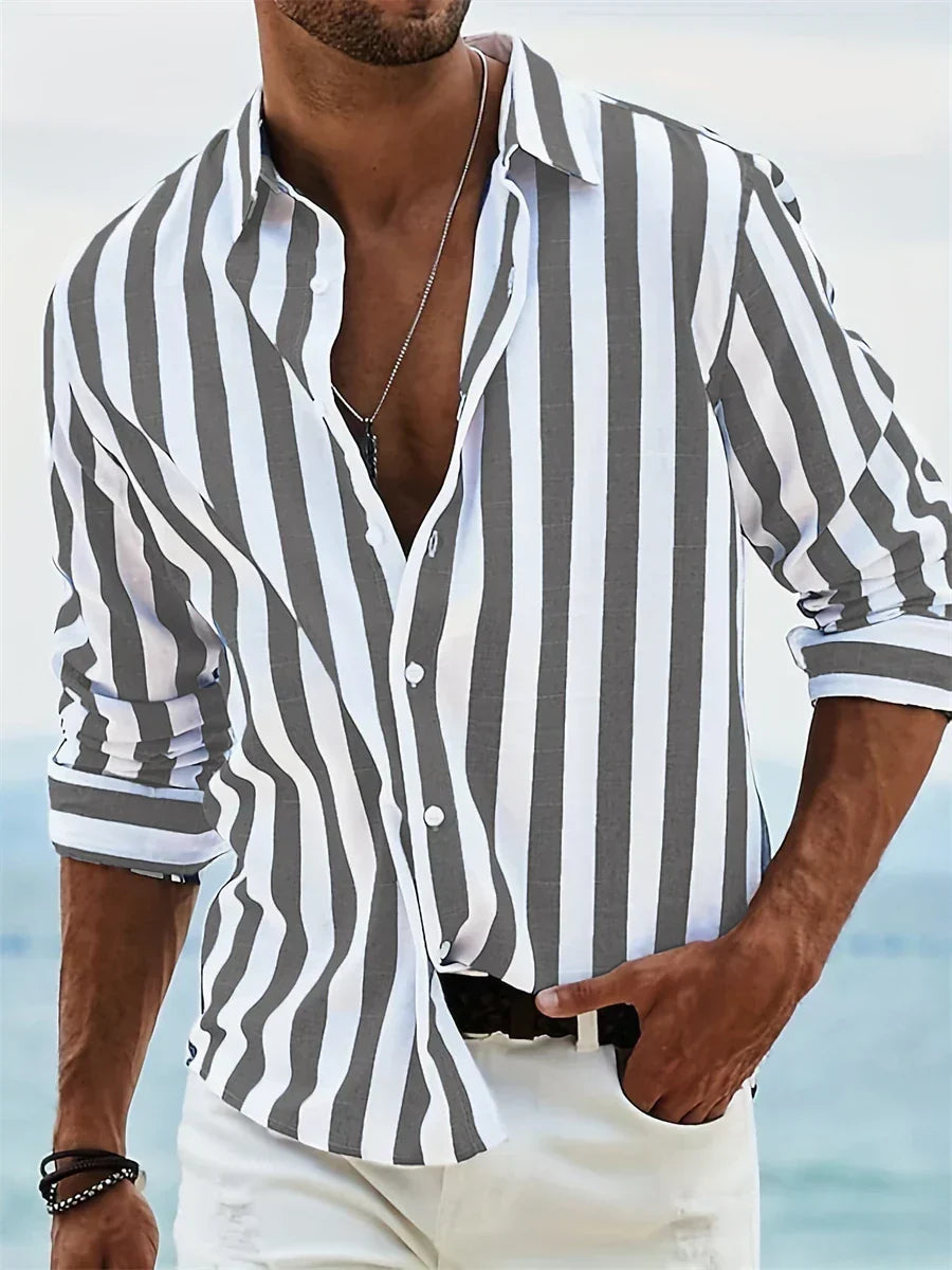 Wystan Men's Summer Shirt – Light Blue Striped Cotton-Linen Blend with Comfortable Fit