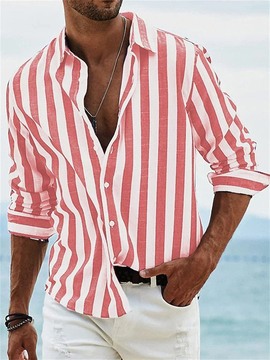 Wystan Men's Summer Shirt – Light Blue Striped Cotton-Linen Blend with Comfortable Fit
