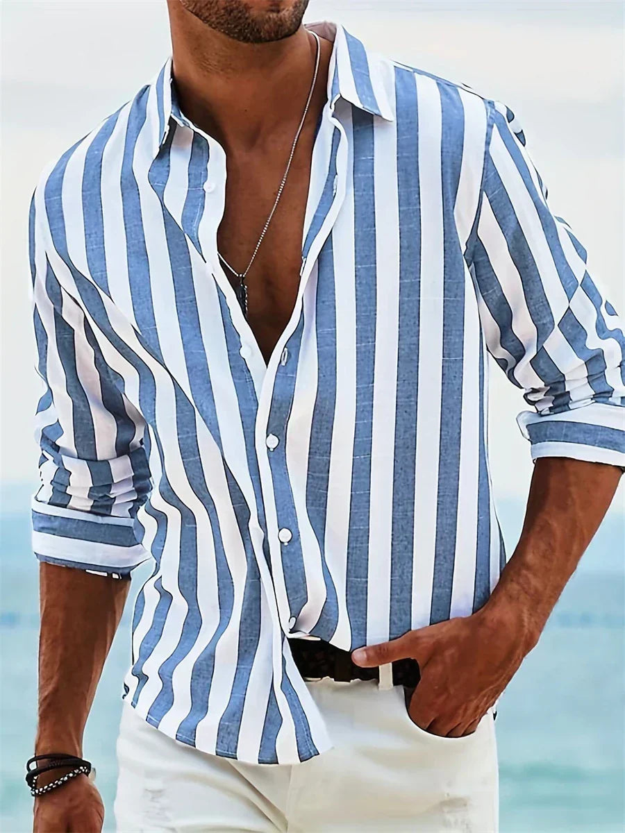 Wystan Men's Summer Shirt – Light Blue Striped Cotton-Linen Blend with Comfortable Fit