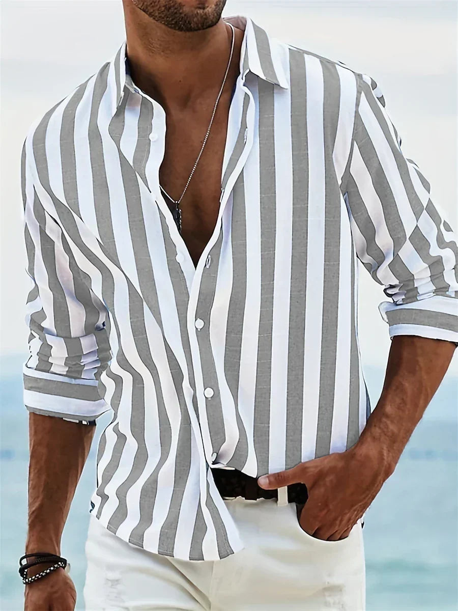 Wystan Men's Summer Shirt – Light Blue Striped Cotton-Linen Blend with Comfortable Fit