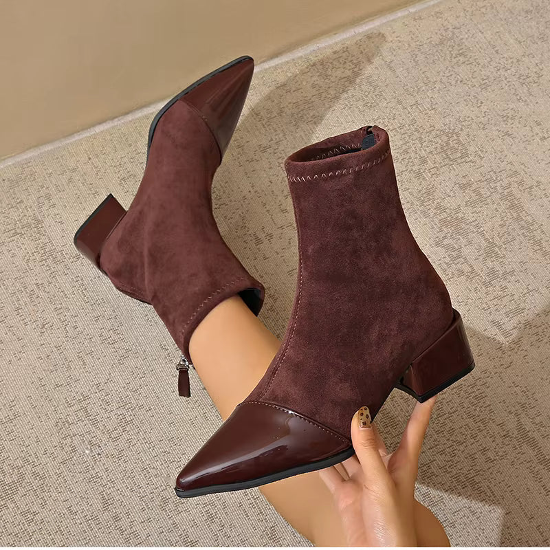 Orianna Ankle Boots for Women – Refined Suede Boots with Patent Accents & Comfy Block Heel