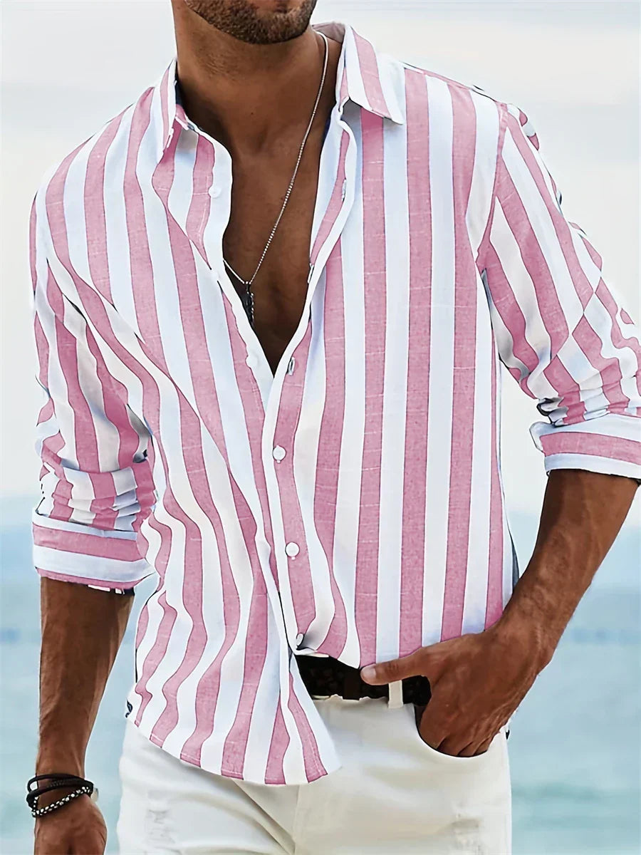 Wystan Men's Summer Shirt – Light Blue Striped Cotton-Linen Blend with Comfortable Fit