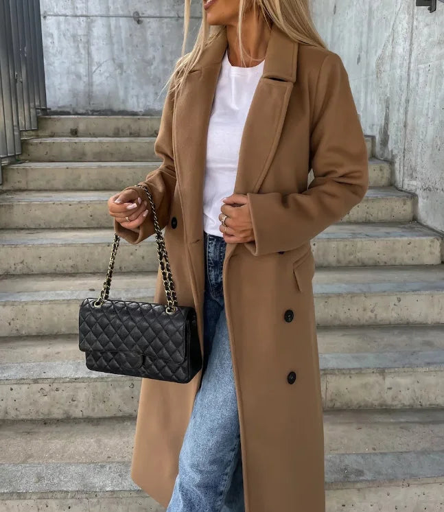 Marisela Women's Wool Coat – Long Double-Breasted Coat with Structured Cut & Refined Style