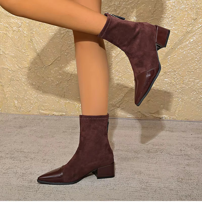 Orianna Ankle Boots for Women – Refined Suede Boots with Patent Accents & Comfy Block Heel