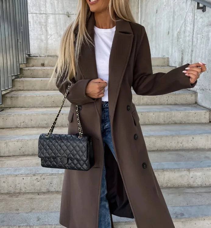 Marisela Women's Wool Coat – Long Double-Breasted Coat with Structured Cut & Refined Style