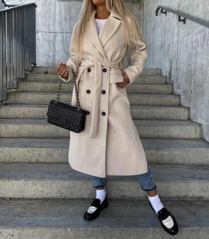 Soren Women's Long Coat – Sophisticated Winter Trench with Belt & Cozy Lining