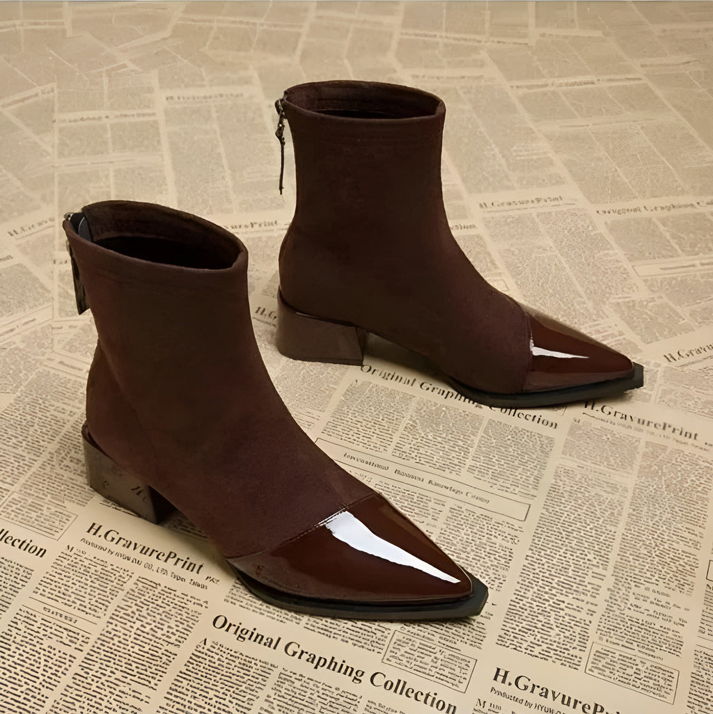 Orianna Ankle Boots for Women – Refined Suede Boots with Patent Accents & Comfy Block Heel
