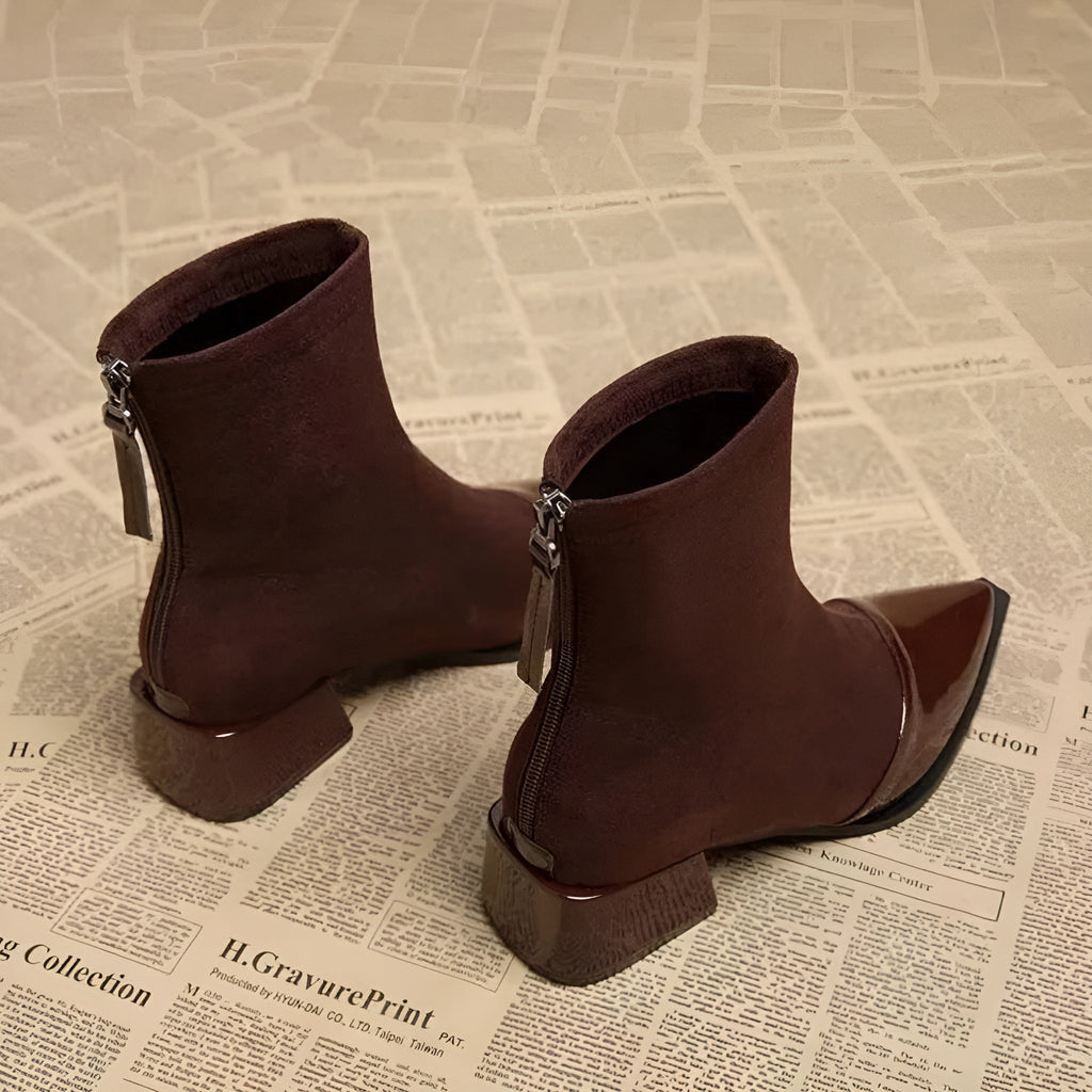 Orianna Ankle Boots for Women – Refined Suede Boots with Patent Accents & Comfy Block Heel