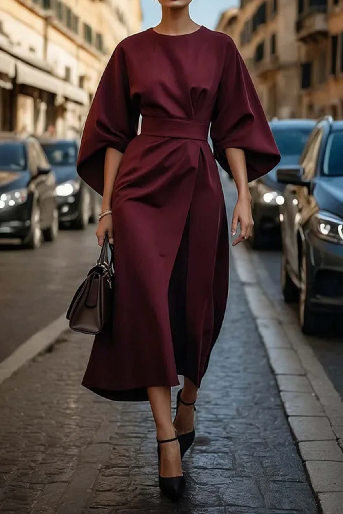 Rowan Women's Refined Dress – Feminine Design with Balloon Sleeves and Adjustable Fitted Waist