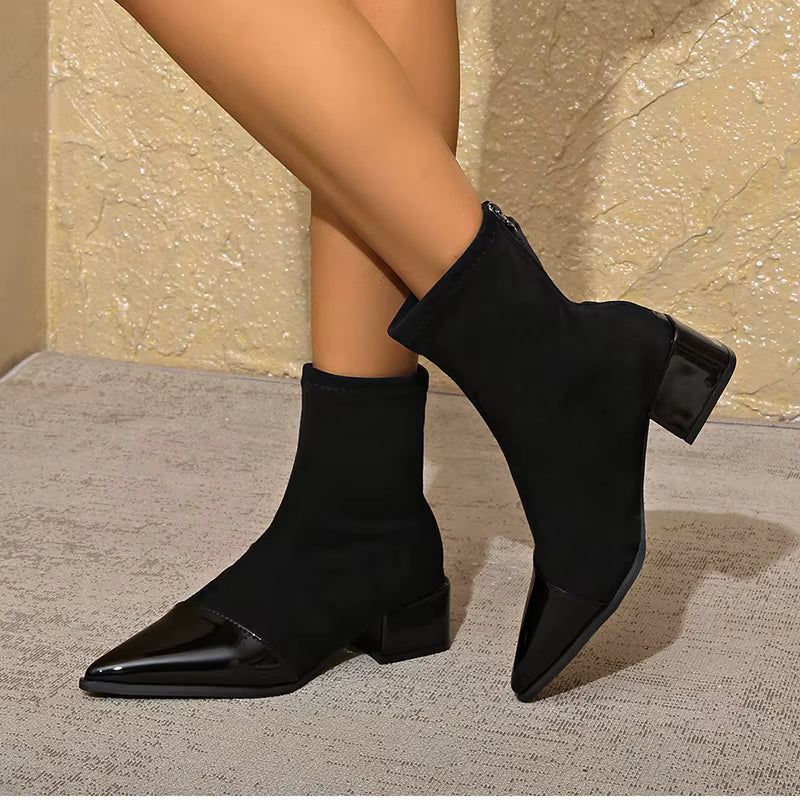 Orianna Ankle Boots for Women – Refined Suede Boots with Patent Accents & Comfy Block Heel