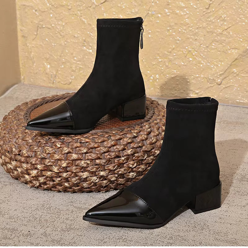 Orianna Ankle Boots for Women – Refined Suede Boots with Patent Accents & Comfy Block Heel