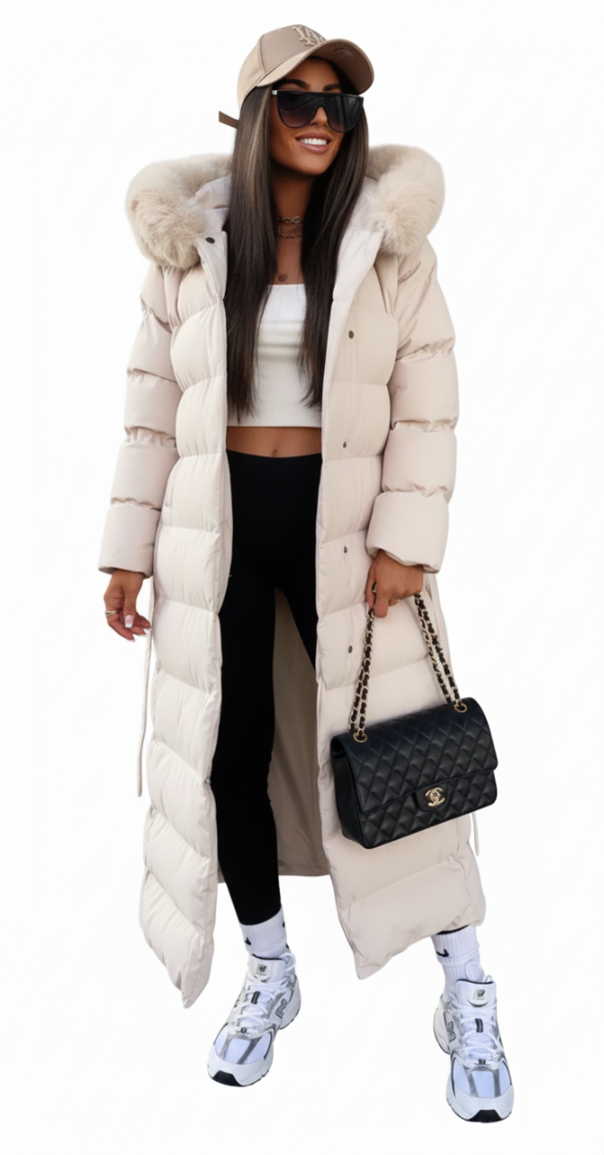 Vesper Women's Long Winter Coat – Refined Puffer Coat with Faux Fur Collar and Belt