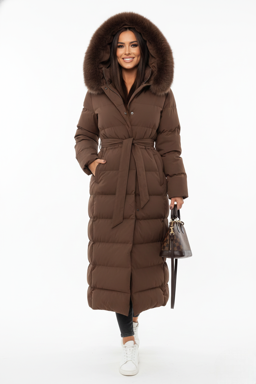 Vesper Women's Long Winter Coat – Refined Puffer Coat with Faux Fur Collar and Belt