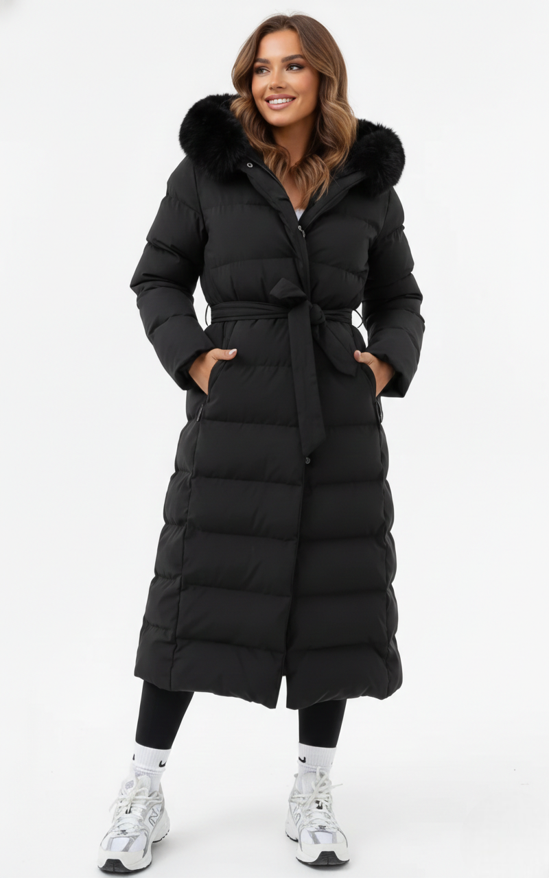 Vesper Women's Long Winter Coat – Refined Puffer Coat with Faux Fur Collar and Belt