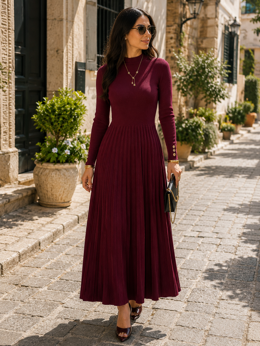 Ambrose Women's Pleated Dress – Fitted Bodice, Flowy Skirt & Refined Silhouette
