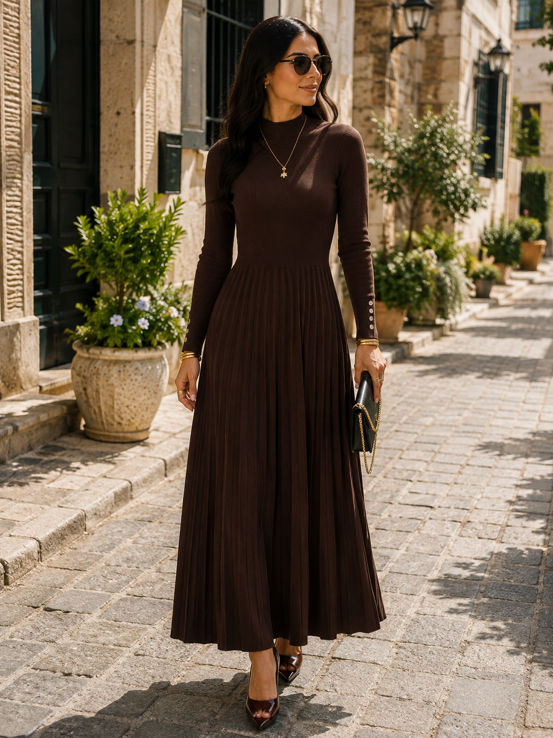 Ambrose Women's Pleated Dress – Fitted Bodice, Flowy Skirt & Refined Silhouette