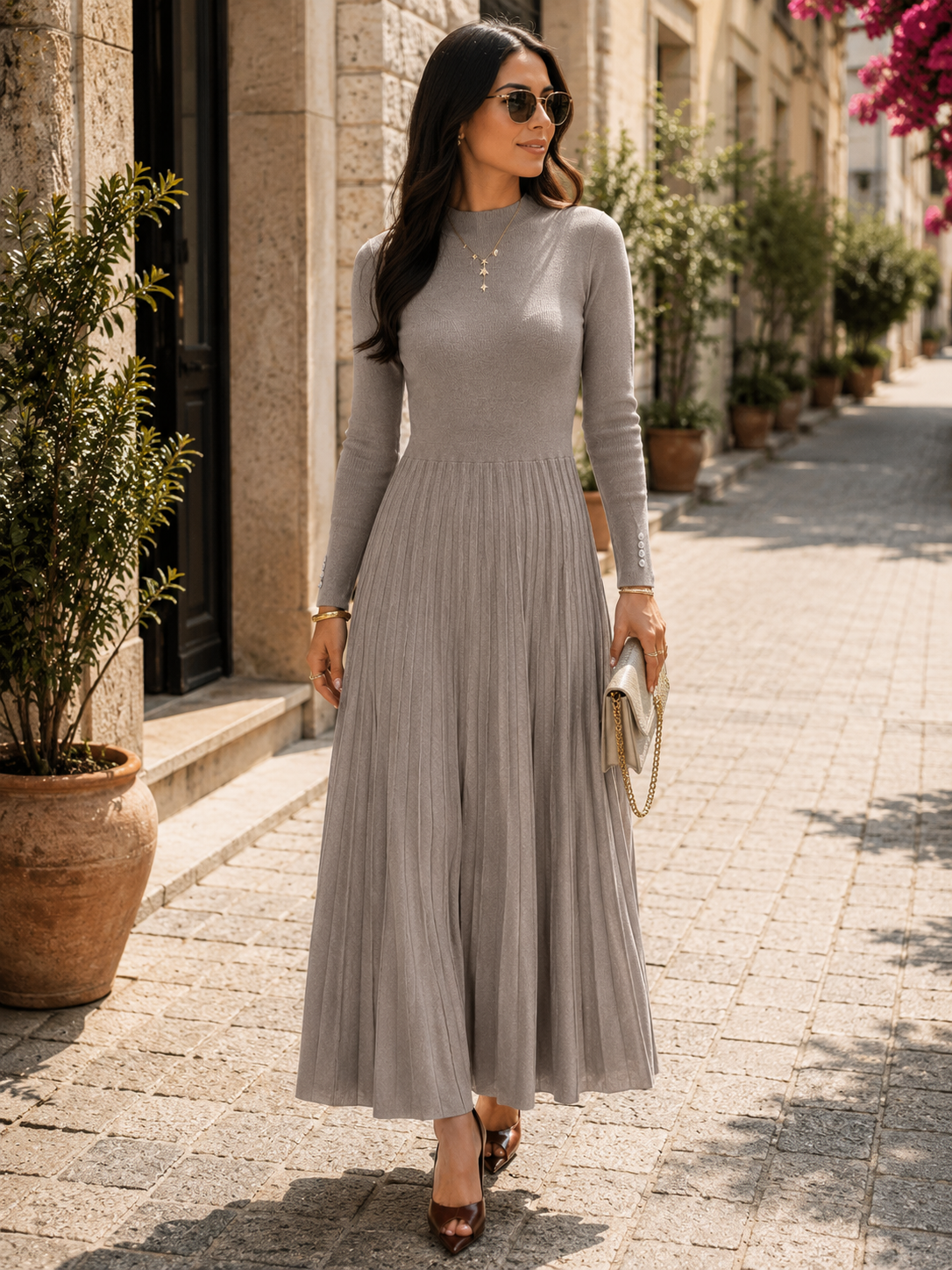 Ambrose Women's Pleated Dress – Fitted Bodice, Flowy Skirt & Refined Silhouette