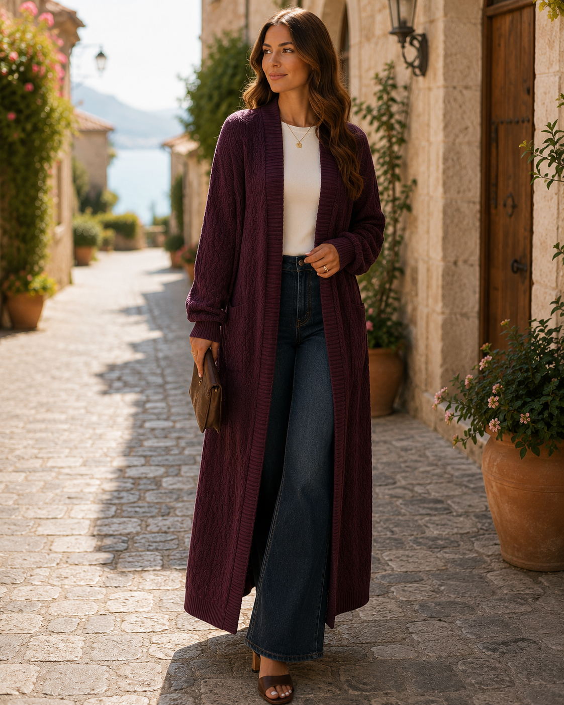 Zephyrine Women's Long Knitted Cardigan – Gentle Textured Knit & Open-Front Design