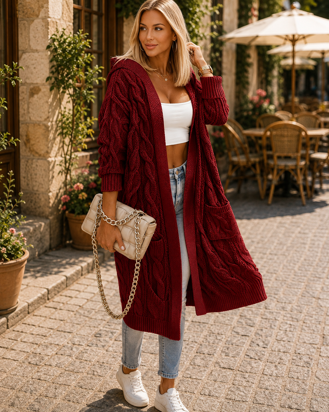 Isolde Women's Long With Hood Cardigan – Cable Knit, Side Slip Pockets & Roomy Fit