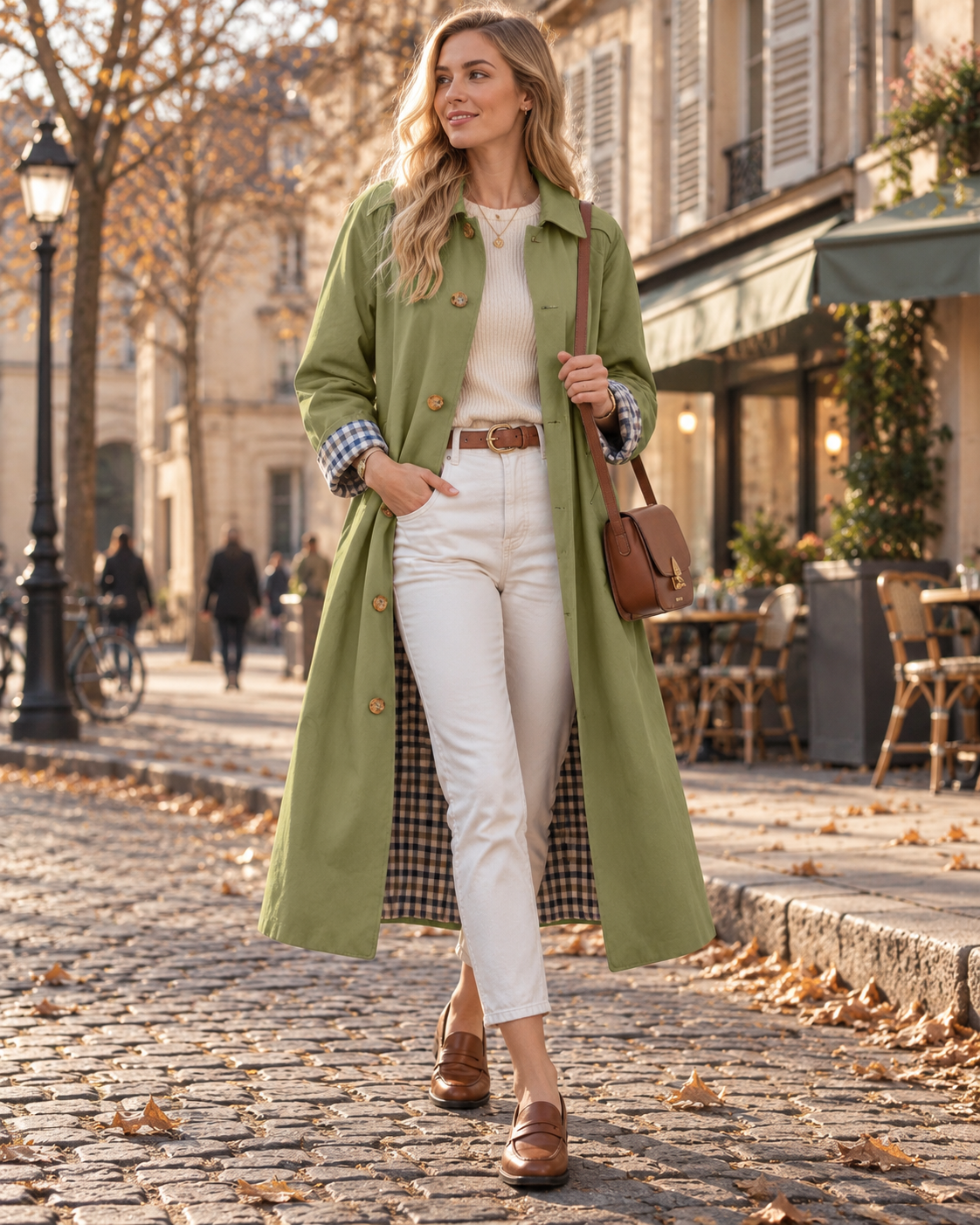 Aveline Women's Trench Coat – Button-Up Front, Classic Collar & Plaid Lining