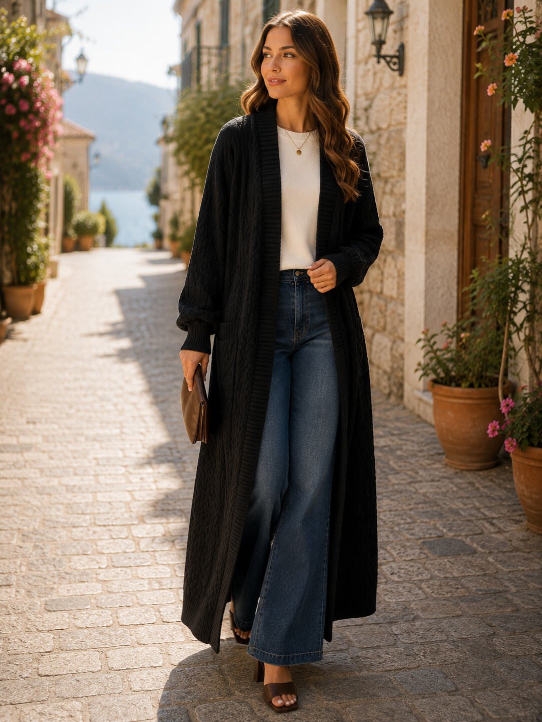Zephyrine Women's Long Knitted Cardigan – Gentle Textured Knit & Open-Front Design
