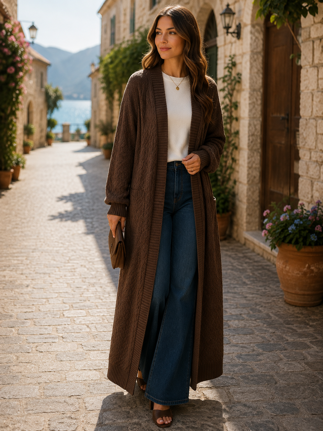 Zephyrine Women's Long Knitted Cardigan – Gentle Textured Knit & Open-Front Design