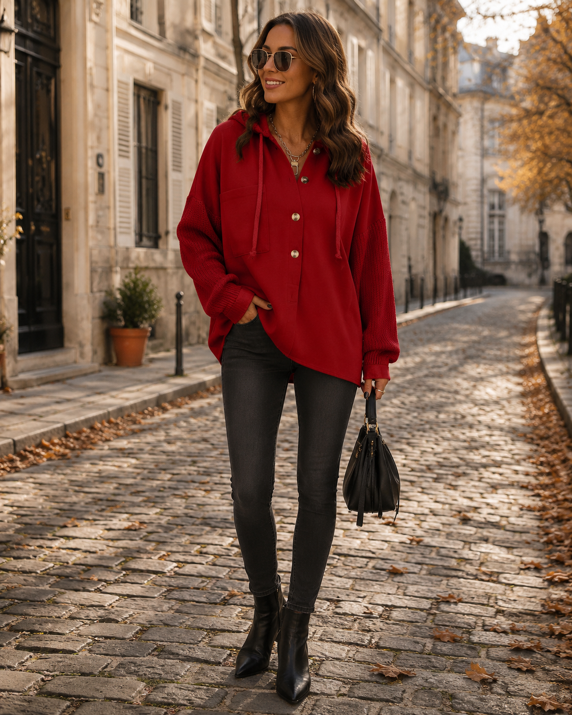 Isolde Women's Oversized With Hood Jacket – Button-Up Front, Knit Sleeves & Chest Pocket